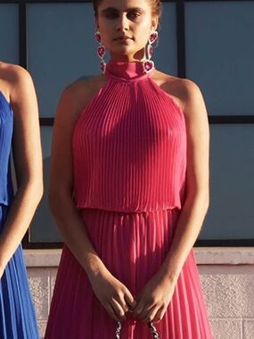 Megan Fabulous Elegant Pink Pleated Halter Jumpsuit